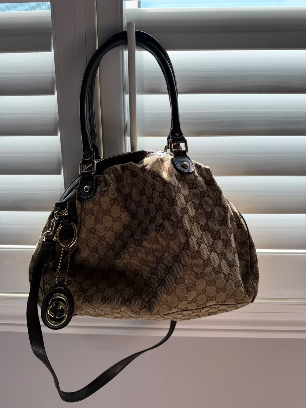 Gucci Beige Brown Monogram Satchel with Dark Leather Handles